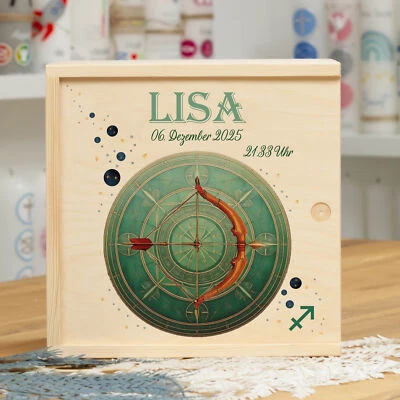 meinkerzenshop® Erinnerungskiste mit STERNZEICHEN SCHÜTZE als Geschenk zur Gebur