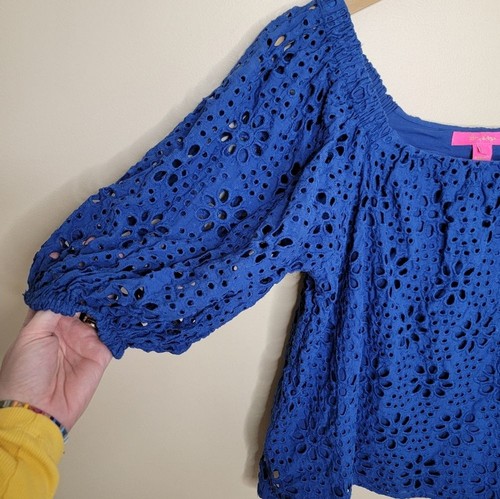Lilly Pulitzer | Kerrigan Blue Puff Elbow Sleeve Eyelet Top Size Large - Picture 4 of 7