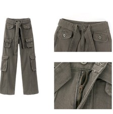 Women Cargo Trousers Straight Wide Leg Multi Pockets Casual Pants Sports Retro