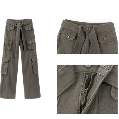 デニム・ジーパン PALTO` Women Straight Pants TR0320081959A Grey Lady Wide Leg Trousers Jeans Straight Cargo Denim Pants