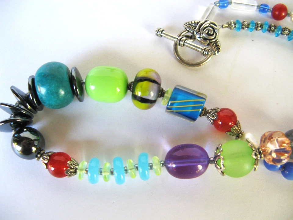 🐸Handcrafted Beaded Chunky Statement Necklace Blown Glass, Turquoise Jade VTG - Image 3 of 4