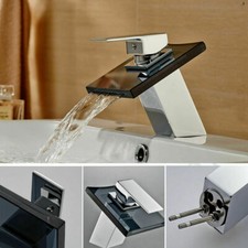 Chrome Waterfall Black Glass Spout Bathroom Basin Sink Mixer Faucet 1 Handle Tap
