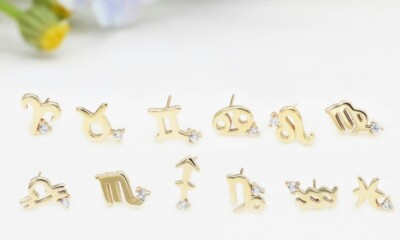 14K Solid Gold Zodiac Knorpel Ohrstecker Winzig Diamant Ohrringe für Damen