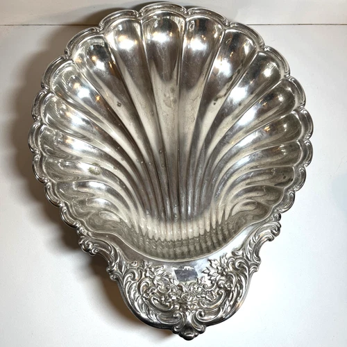 Vtg Silver Plate Clam Shell Serving Platter Bowl Tray 14"× 11.5" Elegant Florals