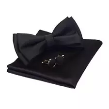 Mens Solid Color Two Layer Pre-tied Bow Tie and Pocket Square Cufflink Set Top