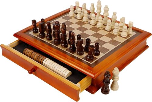 Wooden Chess and Checkers Set w/ Storage Drawer - 12" Classic 2-in-1 Board Game - Afbeelding 1 van 10