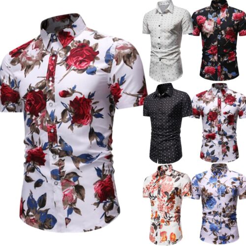 T-shirt Mens Casual Floral Formal Short Sleeve Stylish Tops Slim Fit Dress Shirt