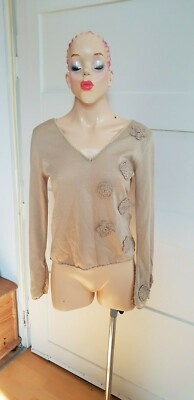 KOTON Leichter Strick Pullover V- Ausschnitt, mit Häckel Blumen, beige, Größe 38
