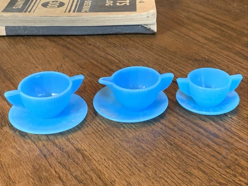 Akro Agate BLUE Depression Slag Glass Toy Creamer And Sugars