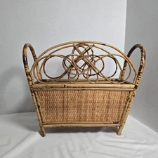 VTG Bent Wood Rattan Bamboo Magazine Record Rack Magazine Holder MCM Boho