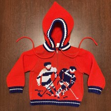 Vintage 70s Red Blue Hockey Boys Knit Pointed Hood Sweater Mary Maxim Cowichan