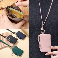 Real Leather Coin Purse with Key Chain Lanyard Mini Zipper Wallet for Women Men