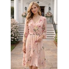 Julian Taylor Pink Floral Ruffle Wrap Midi Dress Long Sleeve Size 8