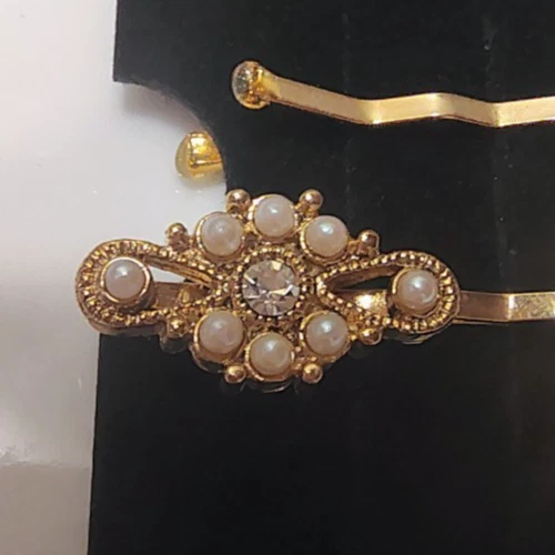 Juego de horquillas de perlas de imitación y diamantes de imitación tono dorado joyería para el cabello 1928 de colección Foto 2 de 4