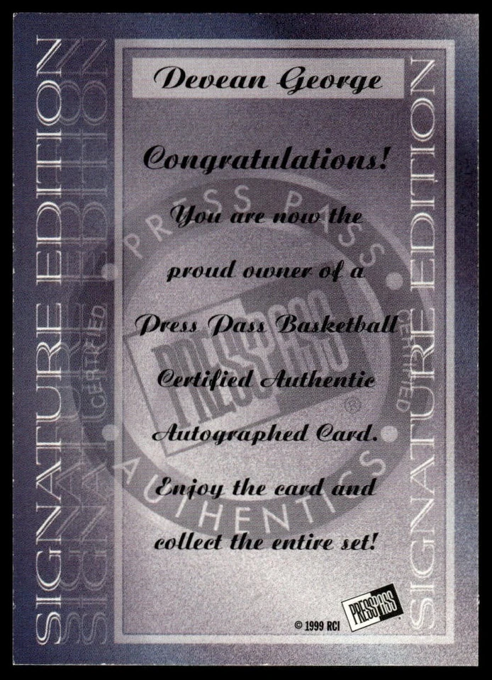Press Pass SE 1999 #NNO autógrafos de Devean George Foto 2 de 2