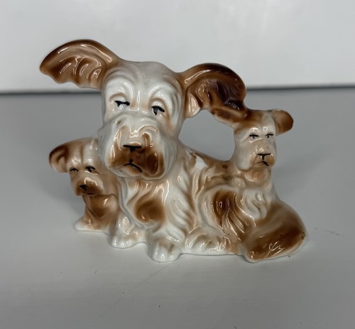 VTG Porcelain Schnauzer Mom with Puppies Dog Figurine Japan Brown White -CH33B4
