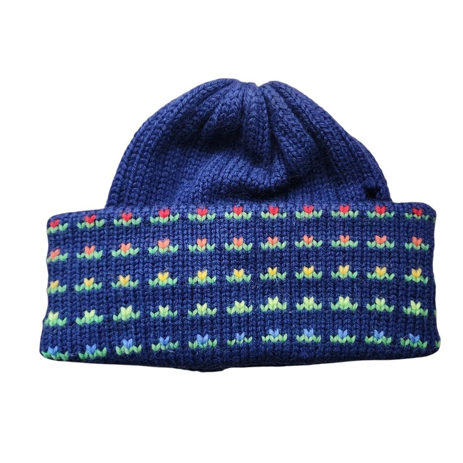 MARCEAU SPORTS 70s fisherman Wool Beanie Hat Blue floral Minnetonka USA