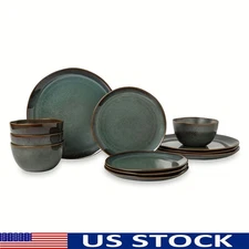 Rustic Ceramic 12-Piece Dinnerware Set Service 4 Microwave Dishwasher Safe New