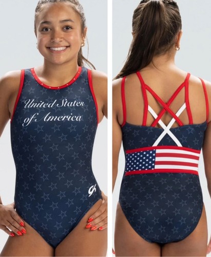 New GK ELITE gymnastics TEAM USA Replica UNITED Paris LEOTARD Flag BLING Size AS - 第 1/9 張圖片