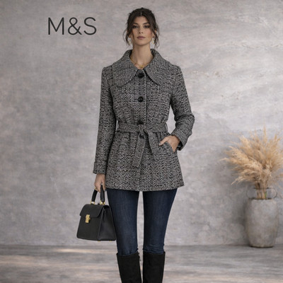 M&S Womens Navy White Wide Collar Belted Jacket  UK 8