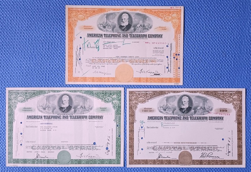Three Vintage American Telephone & Telegraph Company Stock Certificates
