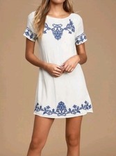 Lulus Tale to Tell Blue and Ivory Embroidered Shift Dress Size Medium