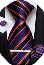 Mens Tie Silk Plaid Striped Necktie and Pocket Square Cufflinks Tie Clip Set wit