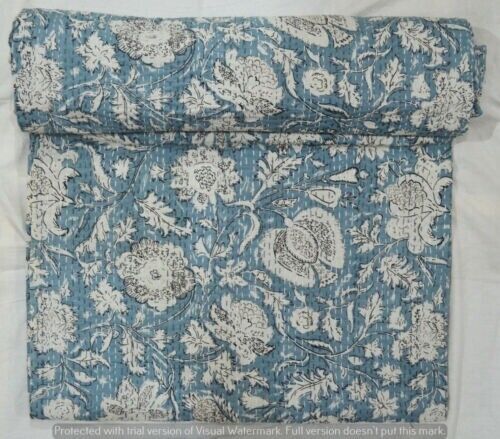 Indian Blanket Cotton King Size Bedspread Throw Hand Block Floral Kantha Quilt - Picture 2 of 4