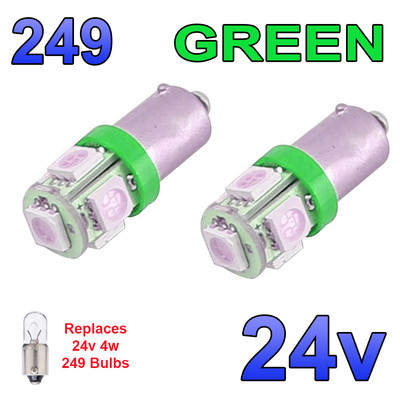 2 x Green 24v LED Side Light 249 BA9s T4W 5 SMD Bayonet Bright Bulbs HGV Truck 