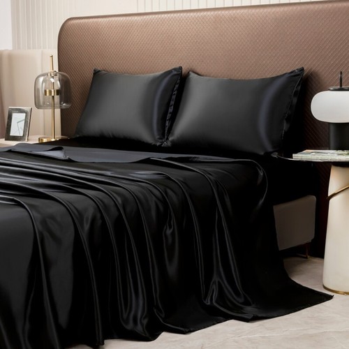 3pc Satin luxury Solid Color Bed Fitted Sheet and Pillowcase Upscale Adjustable - Picture 20 of 28