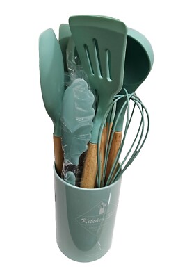  12-teiliges Silikon-Utensilien-Set mit Halter, hitzebeständige grüne Kochgeschirr-Werkzeuge.