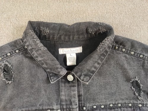 Crave Fame Almost Famous Denim Jean Jacket L Black Studs Distressed Grunge Skate - Picture 10 of 12