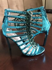  1195 ROBERTO CAVALLI Blue Metallic SNAKESKIN GLADIATOR HEELS Sz 7 EUC 