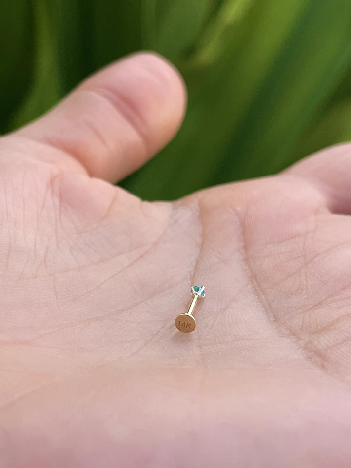 Anillo Tragus Labret de zafiro natural aguamarina oro 14K 18G empuje en la nariz Foto 3 de 4