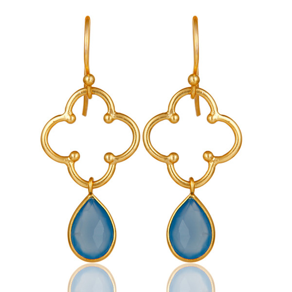 Blue Chalcedony Gemstone 925 Silver Handmade Gold Plated Earrings