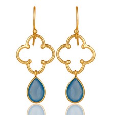 Blue Chalcedony Gemstone 925 Silver Handmade Gold Plated Earrings Jewelry