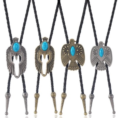 4Pcs Men Vintage Punk Bolo Tie Cowboy Leather Rope Metal Eagle Stone Necktie