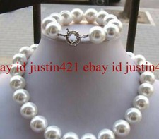 14MM White AAA South Sea Shell Pearl Round Beads Necklace Bracelet Set 18''