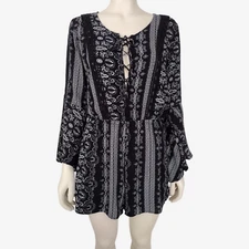 American Rag Black and White Striped Bell Sleeve Lace Up Romper Size M