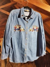 Just My Size Womens Shirt Denim Blue 18w/20w Autumn Embroidery Long Slv Buttons