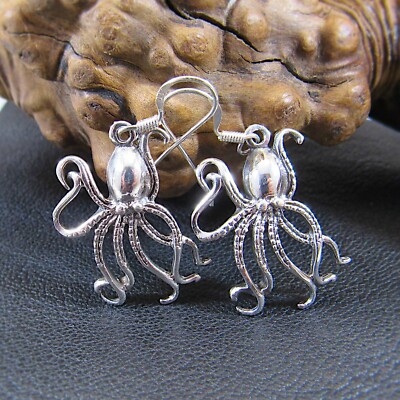 Solid 925 Sterling Silver Octopus Earrings   Nautical Sea Life Dangle Earrings
