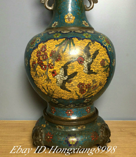 Qianlong Marked Cloisonne Bronze Lion Head Base Flower Bird Vase Bottle Pair - Picture 6 of 9