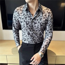 Mens Printed Shirt Long Sleeved Elastic Slim Fit Shirt Tops Casual Men Clothing