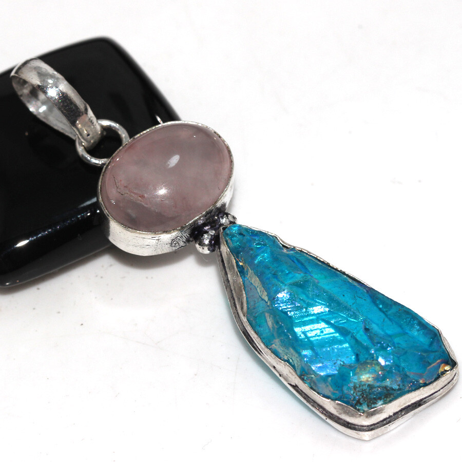 Blue Titanium Aura Quartz Rose Quartz 925 Silver Plated Long Pendant 2.5