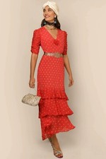 New Rixo Rosheen Red Vintage Spot Silk-Mix Midi Dress Sz XS S PRP:  £335