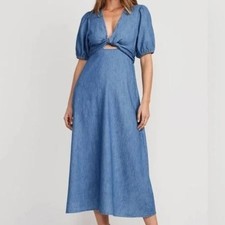 Old Navy Fit & Flare Twist Front Denim Maxi Dress Tie Waist Plunge Neck S Basic