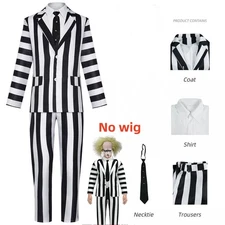 Beetlejuice Cosplay Costume Adam Men Black White Striped Jacket Pants Tie Set