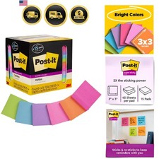 Super Sticky Notes, Assorted Bright Colors, 3x3 in, 15 Pads/Pack, 45 Sheets/P...