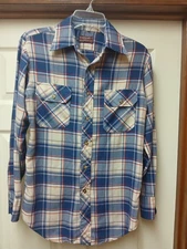 Kingsport Long Sleeve Shirt Mens Small Blue Tan Plaid Button Down Front Pockets