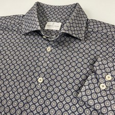Emanuel Berg Mens M 15.75 Blue Gray Geometric Modern Fit Dress Shirt Oxford